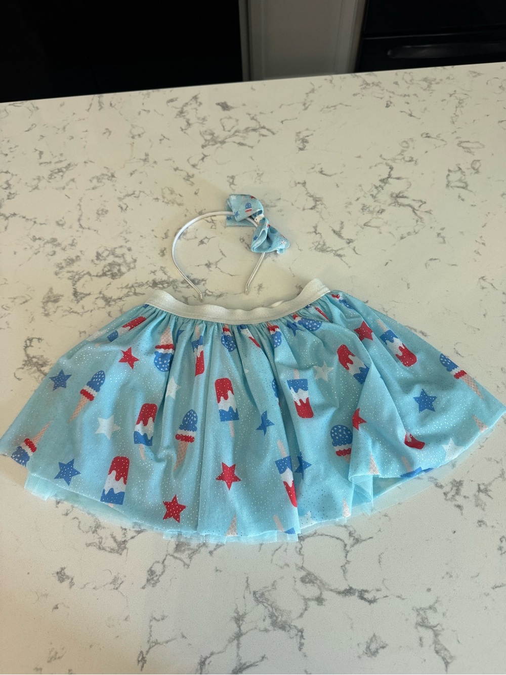 Set of Blue Kids Skirt & Bow Headband - Patriotic Star & Popsicle Print
